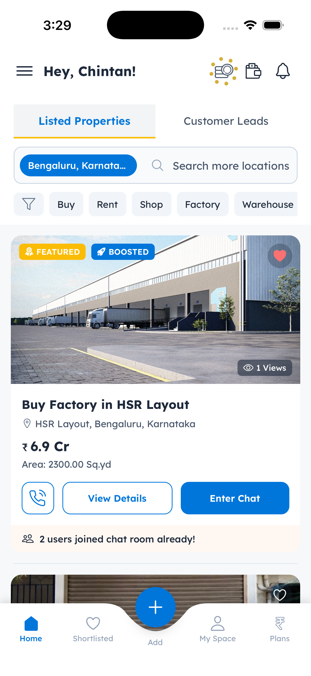 CLinqUp app showing a featured factory listing in HSR Layout