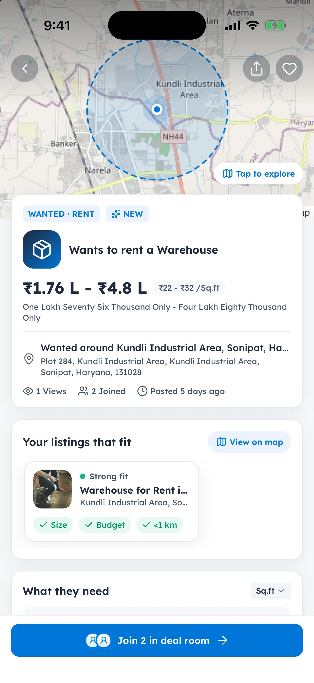 A CLinqUp requirement to rent a warehouse, with a map of the area and listings that fit