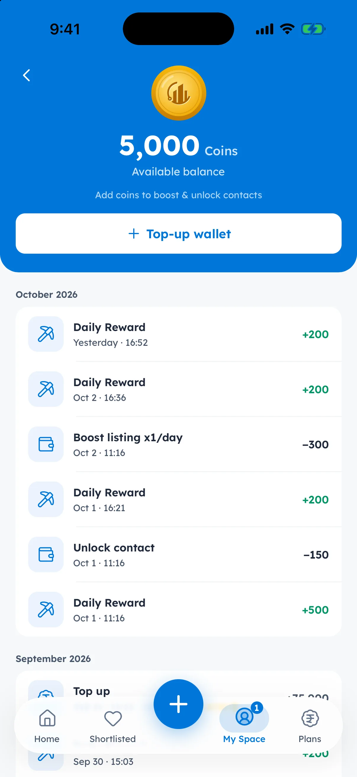 CLinqUp wallet with a 5,000 coin balance and daily rewards