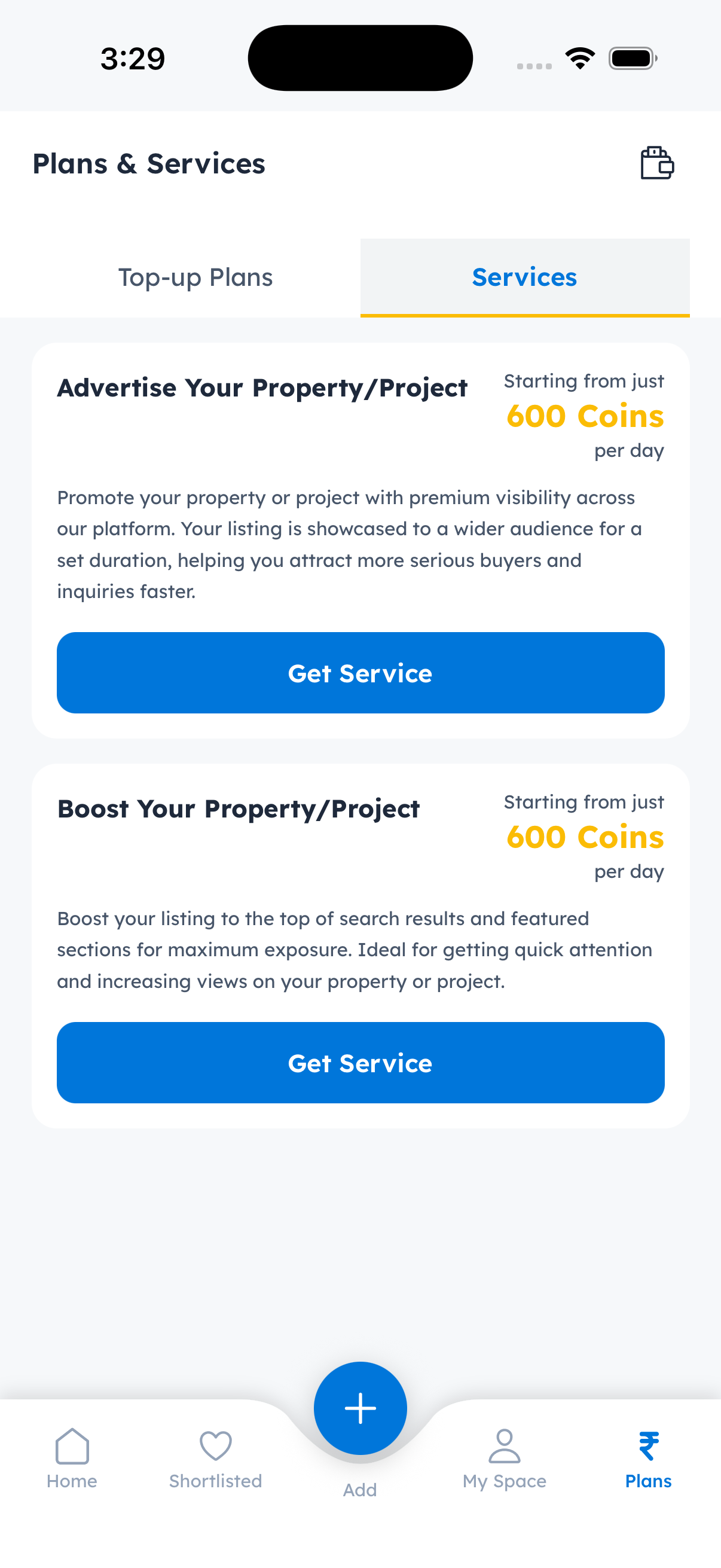 CLinqUp Plans & Services screen showing Advertise and Boost options priced in coins