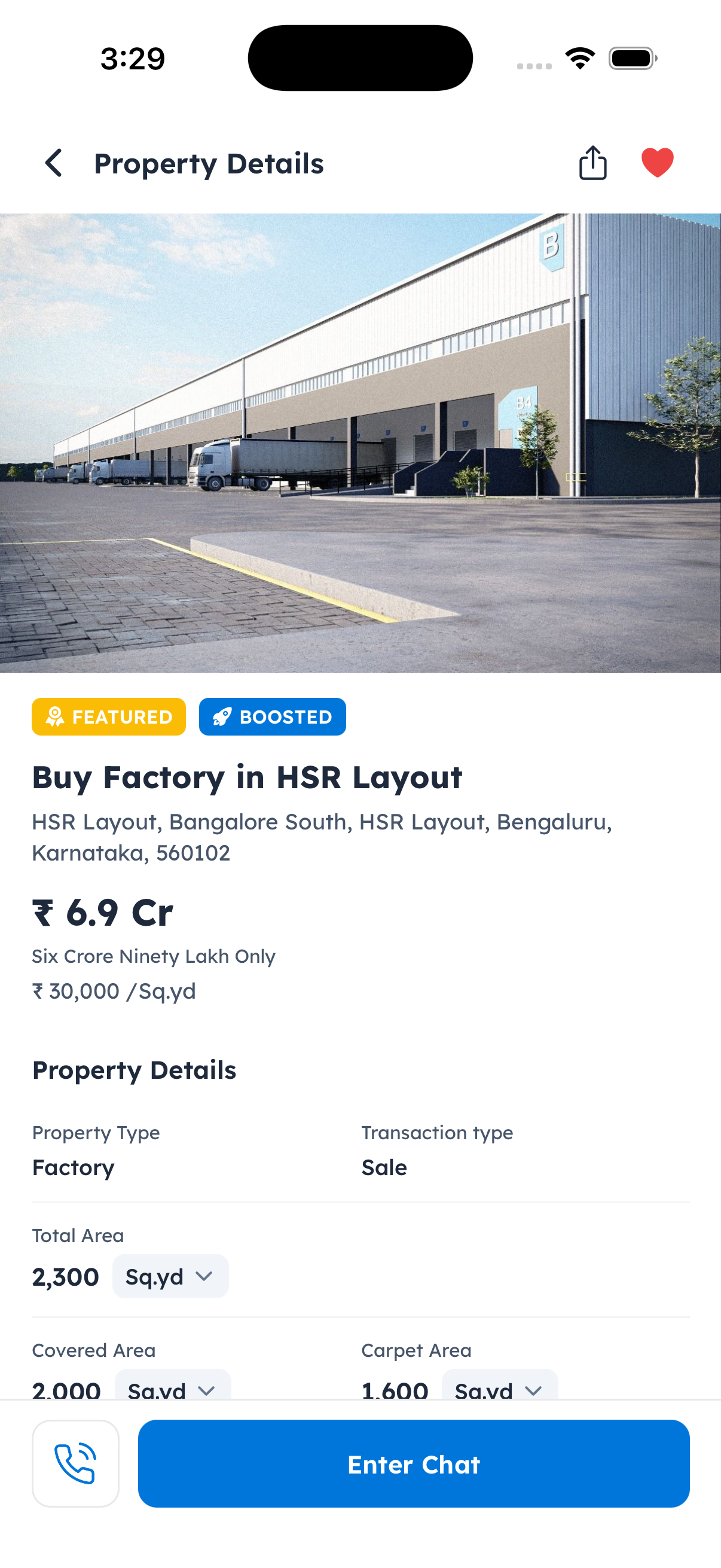 CLinqUp property details screen showing property type, transaction type and area fields