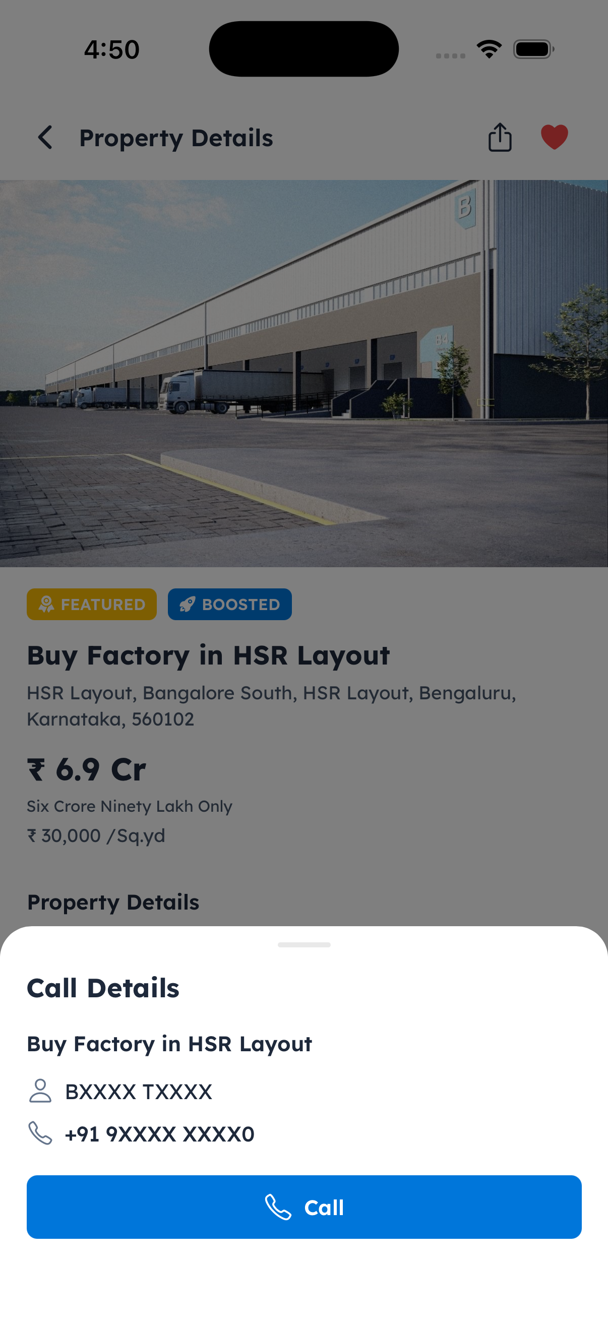 CLinqUp property details screen with the masked owner-contact unlock sheet open